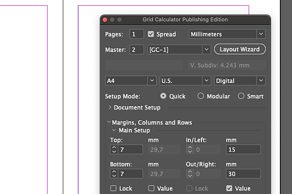 Set margins based on document grid or custom values in Grid Calculator Publishing Edition