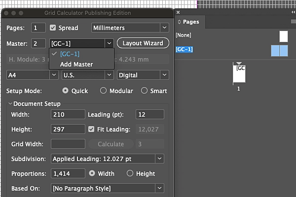 Multiple InDesign master pages work with Grid Calculator Publishing Edition